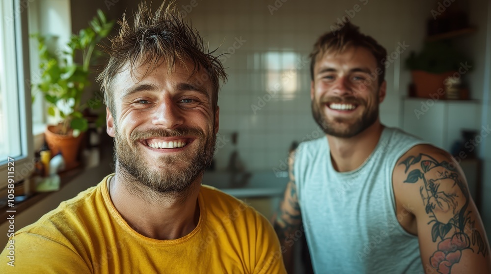Two young men with beards and tattoos are smiling in a warmly lit kitchen, capturing a moment of happiness and camaraderie, exuding positive energy and friendship. Two young men with beards and tattoos are smiling in a warmly lit kitchen, capturing a moment of happiness and camaraderie, exuding positive energy and friendship.