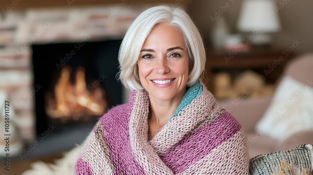 Happy Senior Woman Wrapped in Blanket by Fireplace