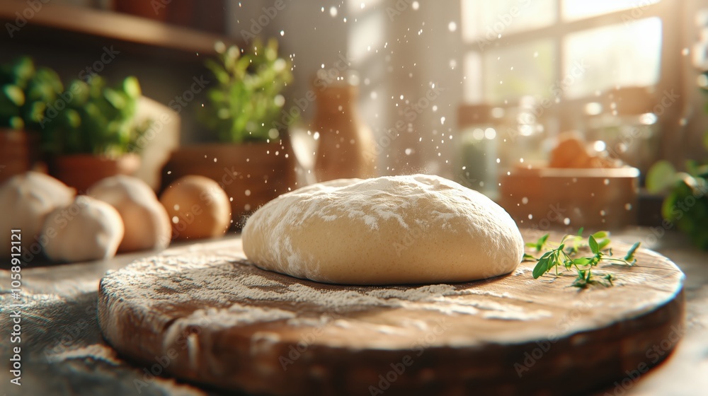 A cozy close-up of fresh dough with flour on an aged wooden board in soft studio lighting A cozy close-up of fresh dough with flour on an aged wooden board in soft studio lighting