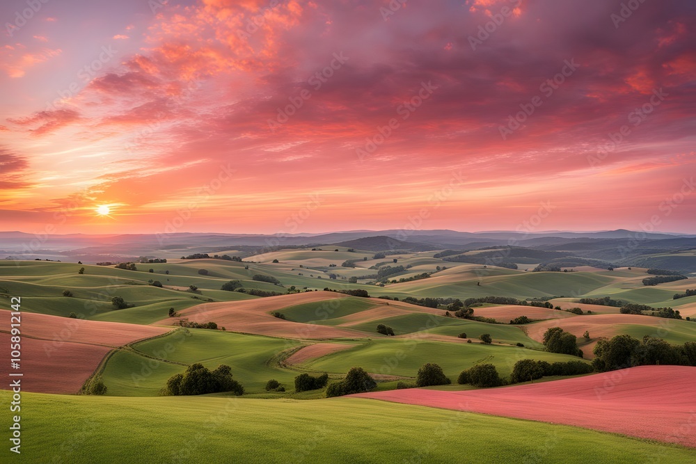 custom made wallpaper toronto digitalGolden pink sunset over a rural landscape with rolling hills sky filled with warm colors, AI Generated