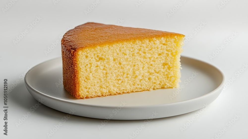 Golden slice of sponge cake on white plate for dessert lovers Golden slice of sponge cake on white plate for dessert lovers