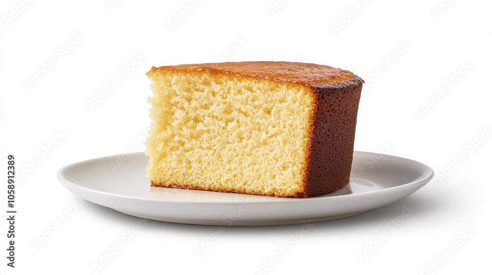 Single slice of fluffy sponge cake on white plate Single slice of fluffy sponge cake on white plate