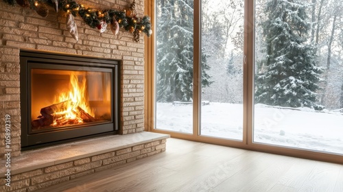 A beautifully decorated fireplace with stockings and garland, snow visible outside the frosty window