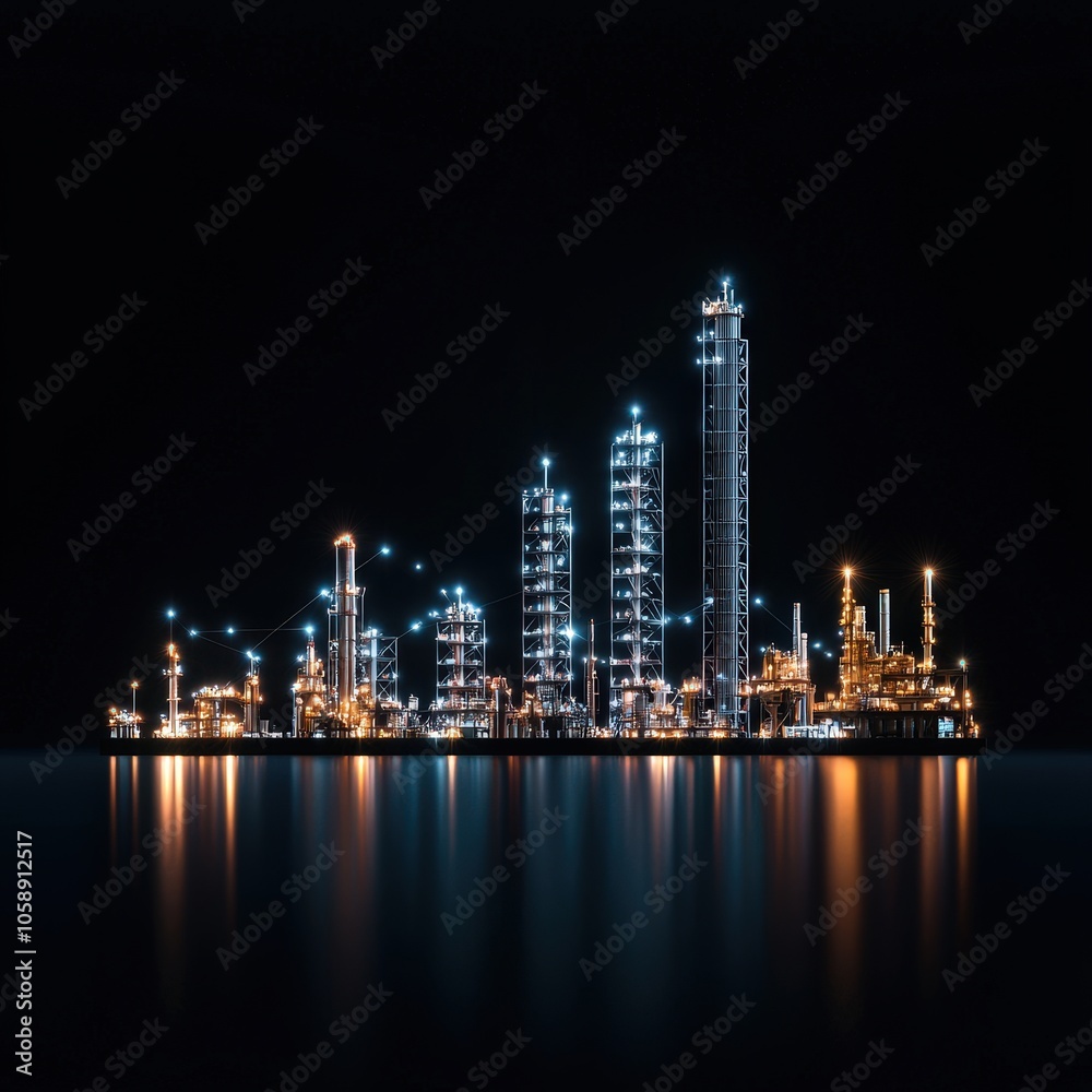 Obraz premium Oil rig and refinery icons forming a bar chart, symbolizing energy production