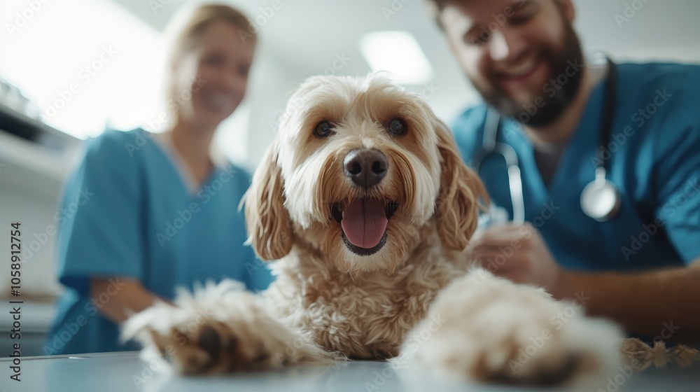 A fluffy dog relaxes happily, tongue out, in a vet's clinic while two smiling veterinarians in blue scrubs gently attend to the pet, creating a joyful scene. A fluffy dog relaxes happily, tongue out, in a vet's clinic while two smiling veterinarians in blue scrubs gently attend to the pet, creating a joyful scene.