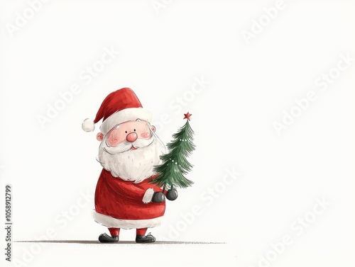 Cute Cartoon Santa Claus Holding a Small Christmas Tree