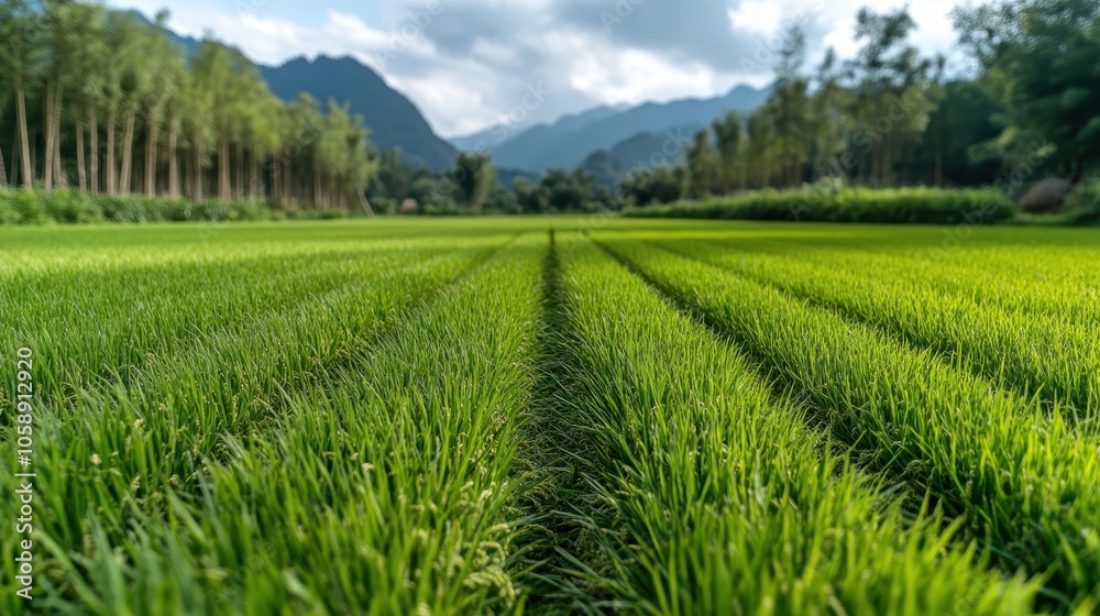 The image depicts a lush green field with rows of grass leading to a distant mountain range, symbolizing tranquility and the natural beauty of rural landscapes. The image depicts a lush green field with rows of grass leading to a distant mountain range, symbolizing tranquility and the natural beauty of rural landscapes.