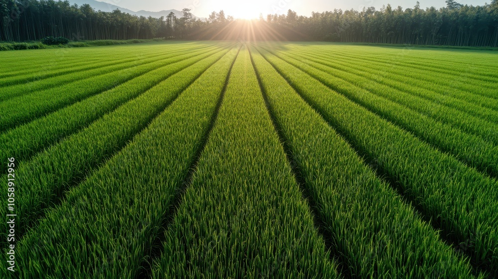 Expansive green rice fields extend towards the horizon under the warming glow of the sun, exemplifying the simplicity and beauty of nature in farming landscapes. Expansive green rice fields extend towards the horizon under the warming glow of the sun, exemplifying the simplicity and beauty of nature in farming landscapes.