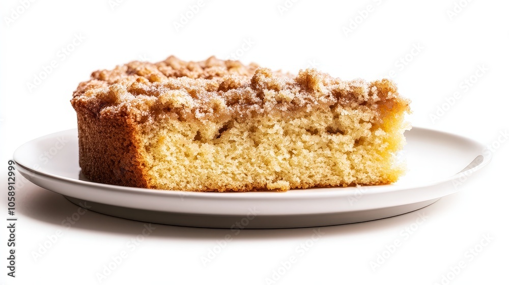 Delicious slice of crumb coffee cake on a white plate against a white background