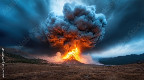 An intense volcanic eruption spews thick, dramatic smoke and bright orange flames into the sky, capturing the raw, powerful forces of nature in a breathtaking display. photo