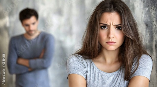 Employee sitting in a meeting room with a tense expression as her boss touches her shoulder inappropriately Clear background with copy space for text photo