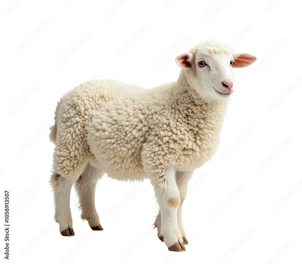 Fototapeta premium Sheep isolated. Young sheep lamb on white background. AI generative image.