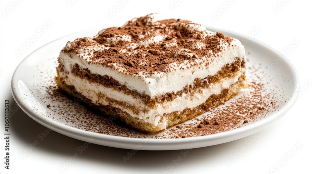 Delicious layered tiramisu dessert on a white plate with cocoa dusting Delicious layered tiramisu dessert on a white plate with cocoa dusting