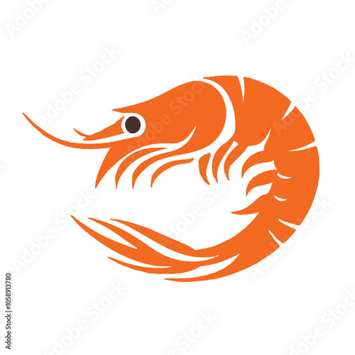 A minimalist-style logo featuring a shrimp in an orange color