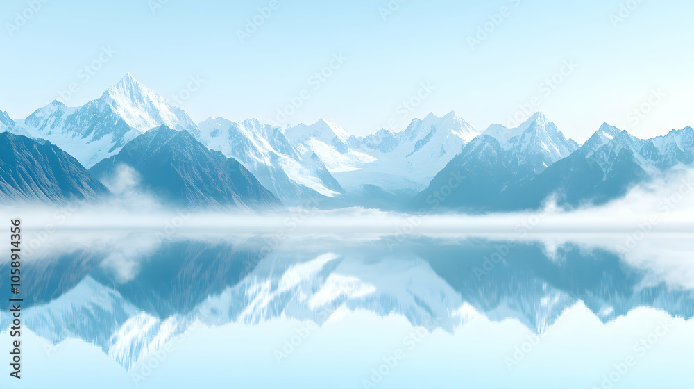 Fototapeta premium A serene, misty landscape with snow-capped mountains reflected in a calm lake.