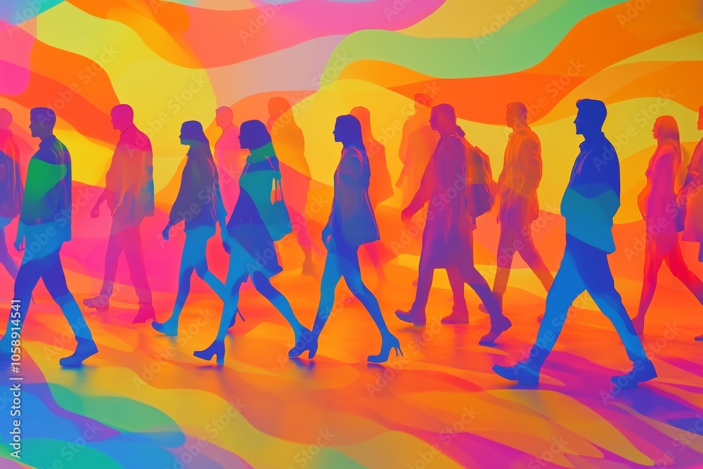 Stylized figures walking together in vibrant colors, symbolizing diversity and connection in a modern digital landscape.