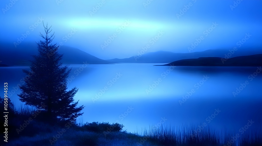 A single tree stands tall against a serene blue lake and mountain range. A single tree stands tall against a serene blue lake and mountain range.