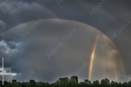 Rainy dusk with deep gray clouds and a faint rainbow breaking through the sky, AI Generated photo