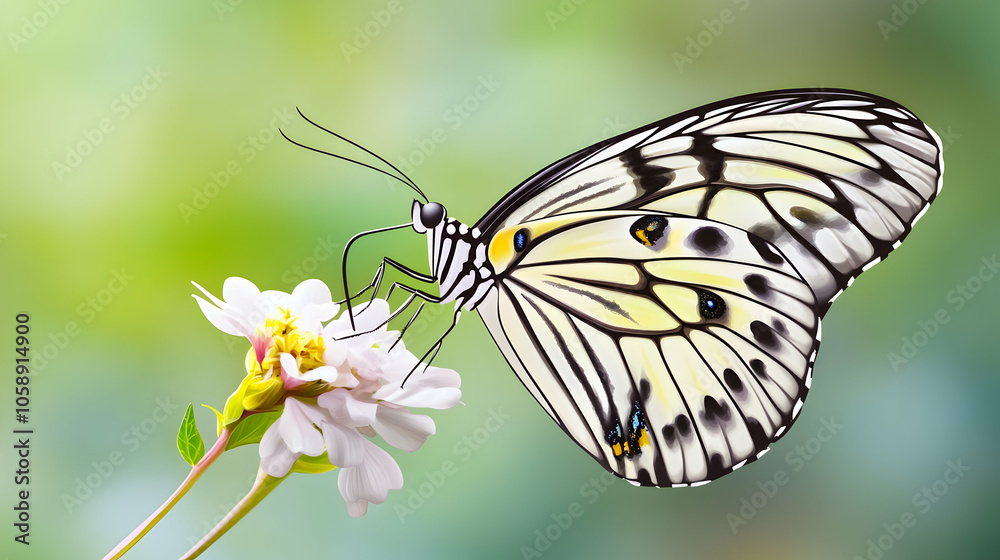 A white and black butterfly with yellow accents perched on a small white flower with a blurry green background. A white and black butterfly with yellow accents perched on a small white flower with a blurry green background.