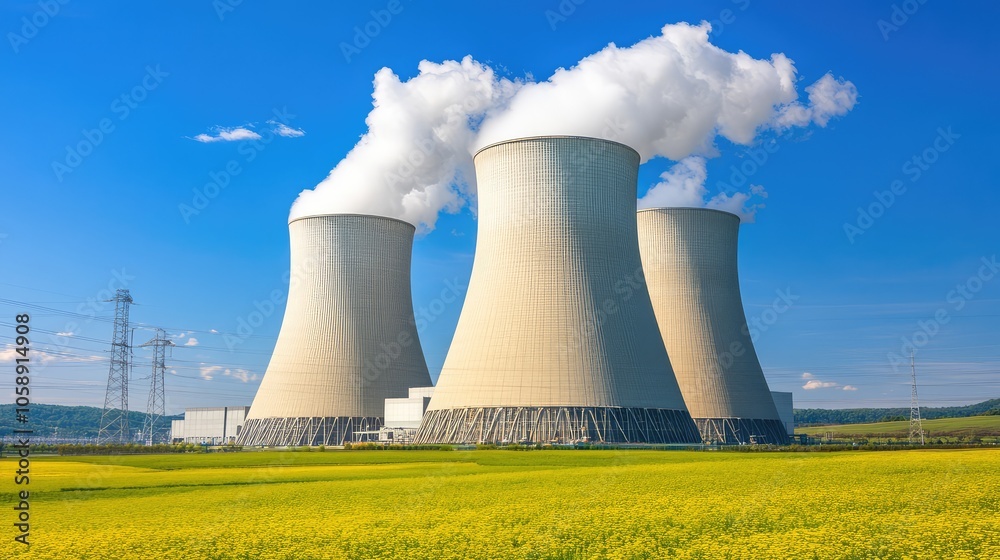 Fototapeta premium Cooling Towers Against Clear Blue Sky