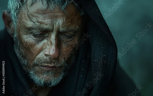 A close-up of an elderly man with a somber expression, wearing a hooded garment, with weathered skin and gray hair.