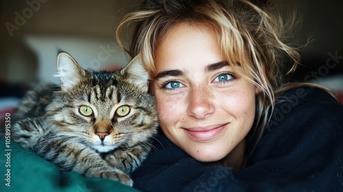 A young woman lies beside her tabby cat, both gazing towards the camera, highlighting their playful and trusting friendship in a serene indoor space.