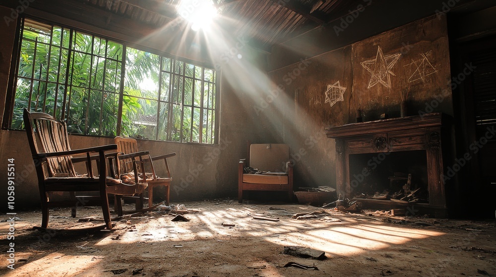 Obraz premium Eerie Abandoned Thai House with Decaying Furniture in Dusty Sunlit Interior