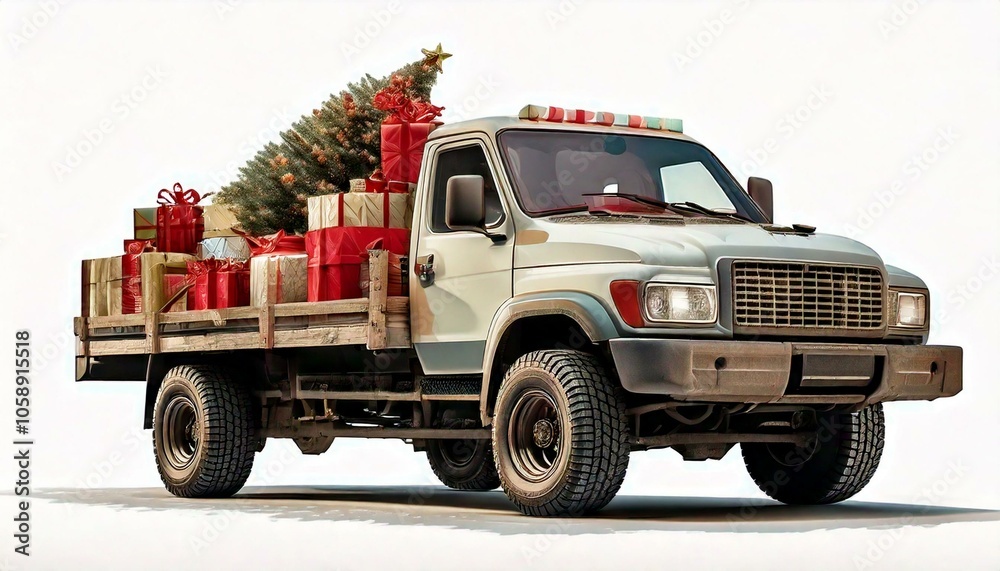 A truck loaded with Christmas presents and decorations isolated centrally with plain white background. Graphic design illustration resource with copy space and no people. delivery and logistics A truck loaded with Christmas presents and decorations isolated centrally with plain white background. Graphic design illustration resource with copy space and no people. delivery and logistics