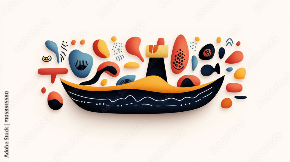 Abstract illustration of a boat with geometric shapes and vibrant colors, surrounded by various organic forms, dots, and lines, creating a playful and dynamic composition. Abstract illustration of a boat with geometric shapes and vibrant colors, surrounded by various organic forms, dots, and lines, creating a playful and dynamic composition.