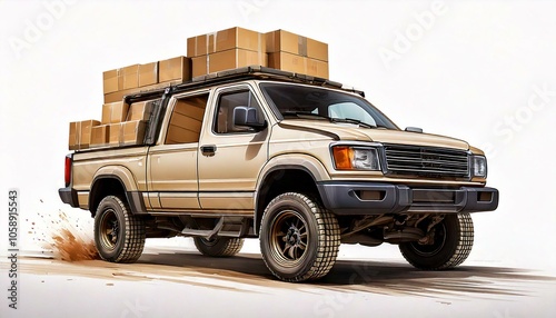 large 4x4 vehicle loaded with plain cardboard boxes and no logo or emblem visible isolated centrally with plain white background. Graphic design resource with copy space and no people.
