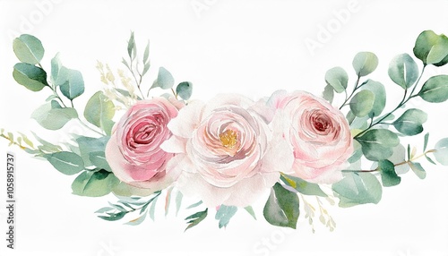 Watercolor floral illustration. Pink flowers and eucalyptus greenery bouquet. Dusty roses, soft light blush peony - border, wreath, frame. Perfect wedding stationary, greetings, fashion, background