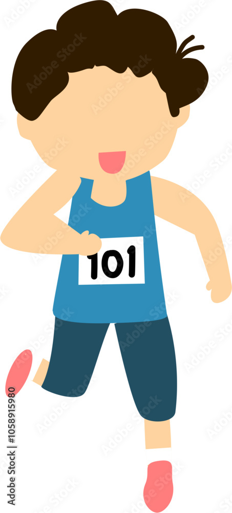 Smiling Runner with Number 101 Bib, Cartoon Illustration Smiling Runner with Number 101 Bib, Cartoon Illustration