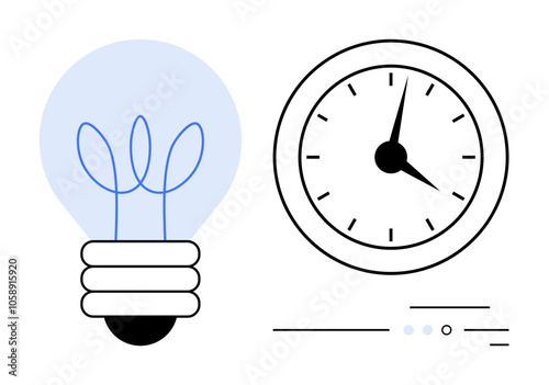 Light bulb next to analog clock with minimal design suggesting innovation, time efficiency, and productivity. Ideal for business strategy, brainstorming sessions, project planning, time management