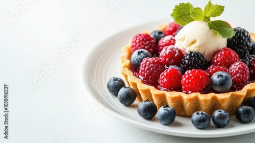 Close-up view of a dessert plate highlighting a delectable tart adorned with fresh berries and a scoop of creamy vanilla ice cream, presented with ample copy space on a white background.