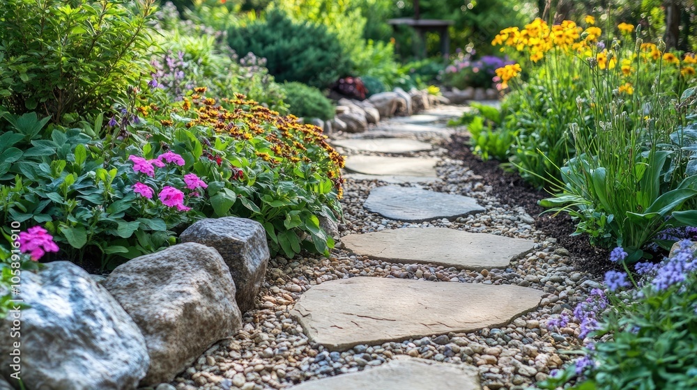 A beautifully maintained garden path winds through a lush landscape, where vibrant rocks add natural decor, enhancing the outdoor ambiance with inviting charm. There is ample copy space in the image. A beautifully maintained garden path winds through a lush landscape, where vibrant rocks add natural decor, enhancing the outdoor ambiance with inviting charm. There is ample copy space in the image.