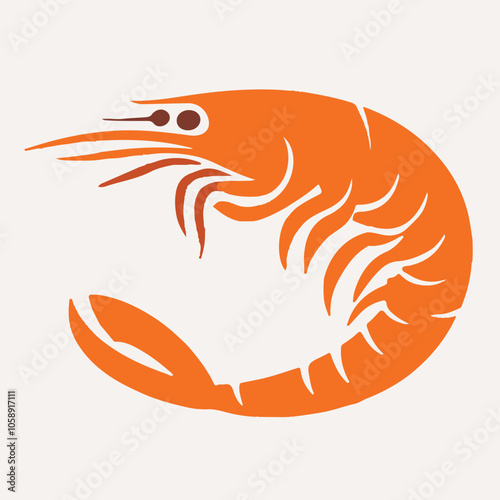 A minimalist-style logo featuring a shrimp in an orange color