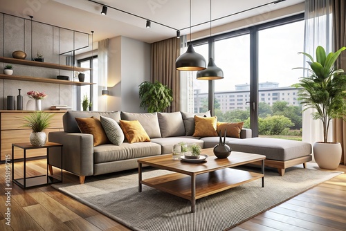 Modern Apartment Living Room Design - Sofa, Coffee Tables, 3D Photorealistic