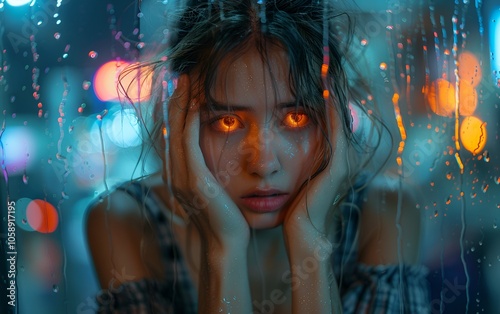 Moody portrait of a woman with glowing eyes, looking through rainy window, illuminated by neon lights, evoking emotions and mystery.