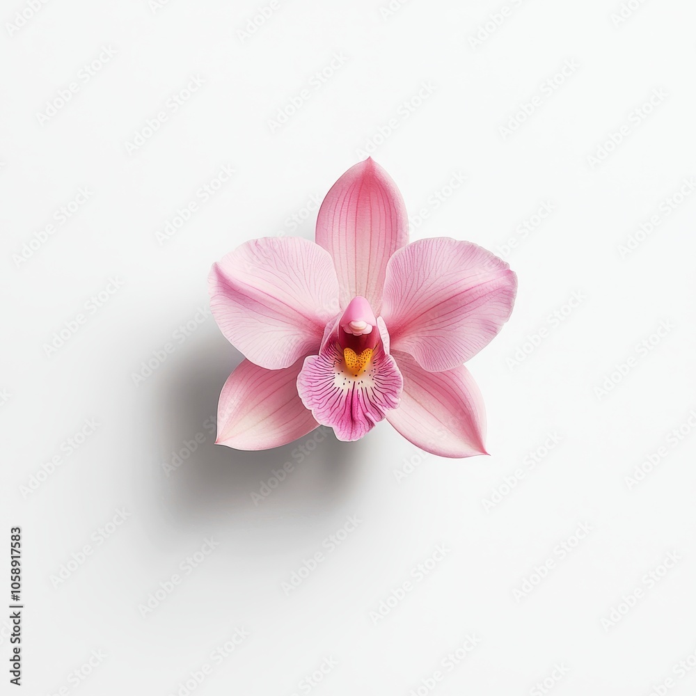 Exquisite Pink Orchid Blossom Captured from Above with Soft Details on Pure White Background Exquisite Pink Orchid Blossom Captured from Above with Soft Details on Pure White Background