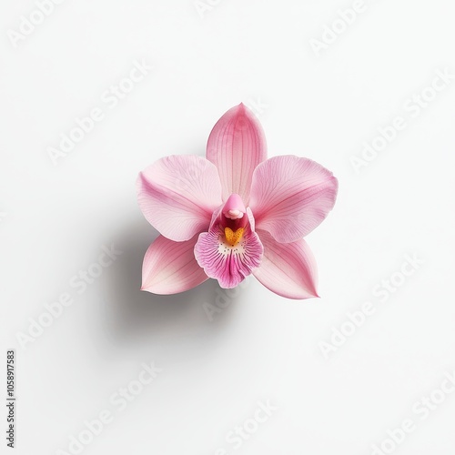 Exquisite Pink Orchid Blossom Captured from Above with Soft Details on Pure White Background