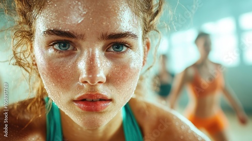 The image captures a close-up of a focused athlete sweating intensely during a workout, highlighting determination and strength in a bright gym setting. photo