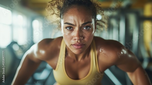 A woman is shown in a close-up shot, deeply engaged in weightlifting, exemplifying drive, focus, and physical strength within a brightly lit gym environment. photo