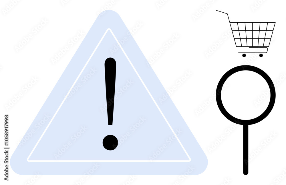 A triangular warning sign with an exclamation mark inside plus a shopping cart icon and a magnifying glass. Ideal for online shopping, e-commerce safety, consumer protection, website alerts A triangular warning sign with an exclamation mark inside plus a shopping cart icon and a magnifying glass. Ideal for online shopping, e-commerce safety, consumer protection, website alerts