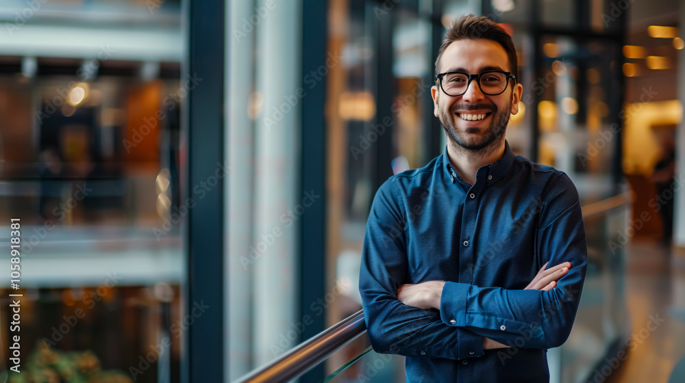 Smiling man standing in business center Smiling man standing in business center