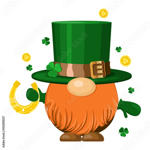 Lucky Irish gnomes with green hat, gold horseshoe and celebration Saint Patrick's Day