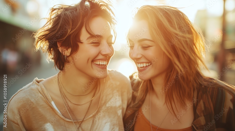Two women, smiling and close, enjoy a cheerful moment filled with laughter, capturing a heartfelt scene of friendship in a sunlit urban setting. Two women, smiling and close, enjoy a cheerful moment filled with laughter, capturing a heartfelt scene of friendship in a sunlit urban setting.