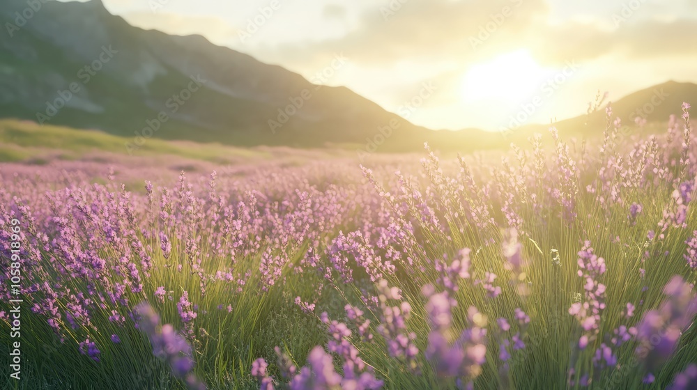 Obraz premium Serene Lavender Field Under a Glowing Sunset