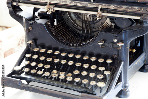 Old typewriter. Retro equipment. Retro items, vintage style.