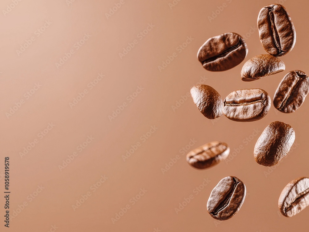 Flying Coffee Beans Captured in a Slow Motion Effect on Warm Toned Background Flying Coffee Beans Captured in a Slow Motion Effect on Warm Toned Background
