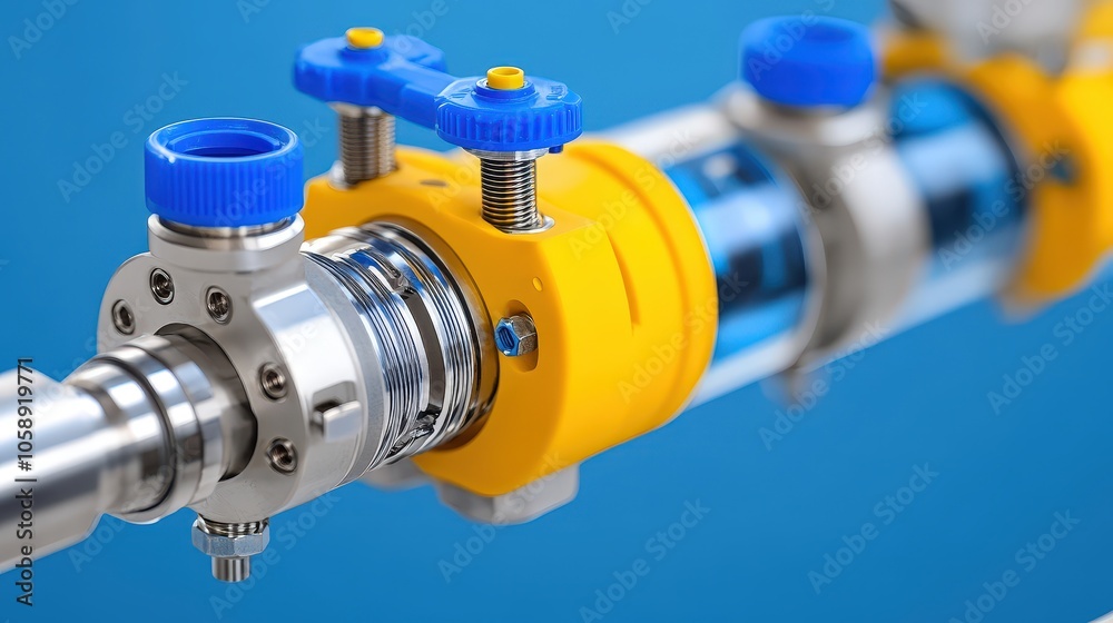 Industrial Automation  Close up of Yellow and Blue Automated Feeding System Components